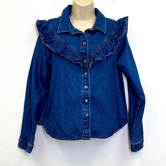 American Eagle - Oversized Dark Denim Button Down Ruffle Western Shirt Size M - Picture 3 of 13